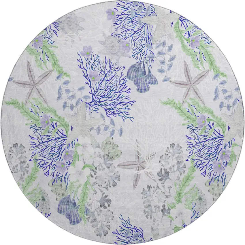 8' Blue Ivory And Lime Green Geometric Washable Round Rug With UV Protection Photo 2