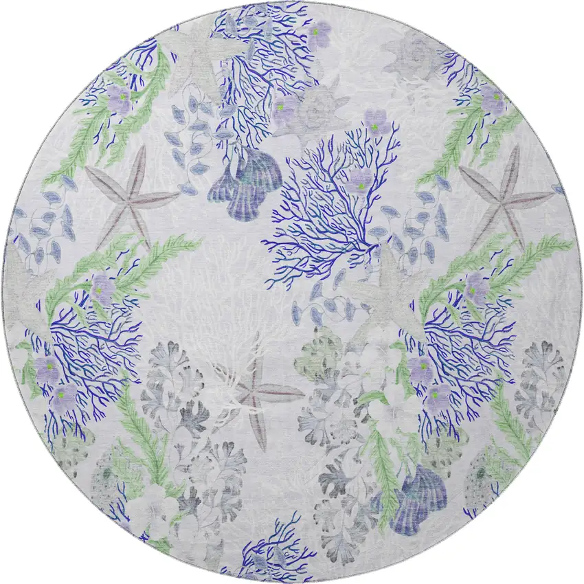 8' Blue Ivory And Lime Green Geometric Washable Round Rug With UV Protection Photo 4