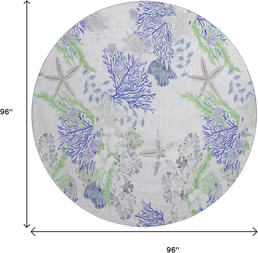 8' Blue Ivory And Lime Green Geometric Washable Round Rug With UV Protection Photo 3