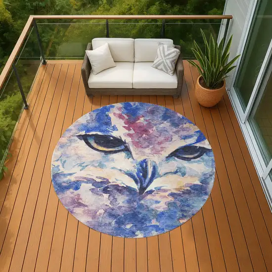 8' Blue Ivory And Mauve Round Owl Washable Indoor Outdoor Area Rug Photo 7
