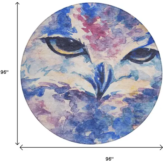 8' Blue Ivory And Mauve Round Owl Washable Indoor Outdoor Area Rug Photo 3