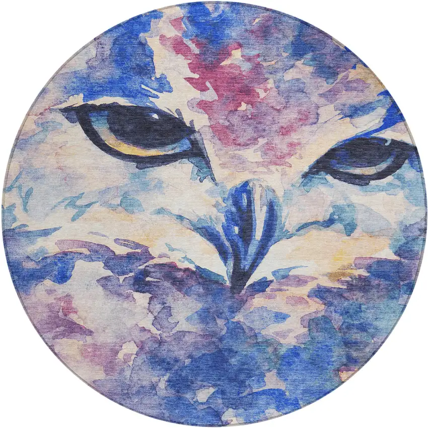 8' Blue Ivory And Mauve Round Owl Washable Indoor Outdoor Area Rug Photo 2