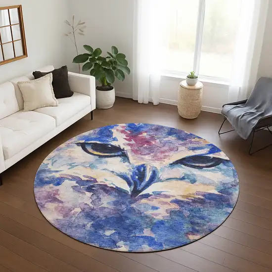 8' Blue Ivory And Mauve Round Owl Washable Indoor Outdoor Area Rug Photo 8