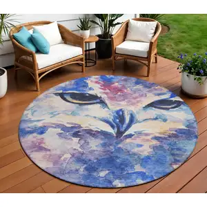Photo of 8' Blue Ivory And Mauve Round Owl Washable Indoor Outdoor Area Rug