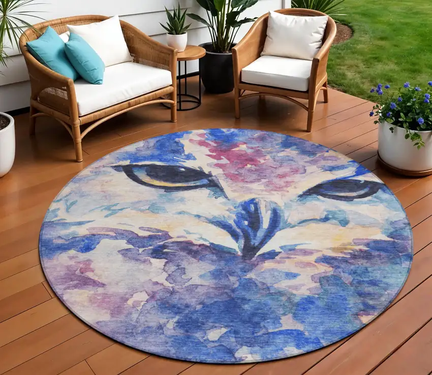 8' Blue Ivory And Mauve Round Owl Washable Indoor Outdoor Area Rug Photo 1
