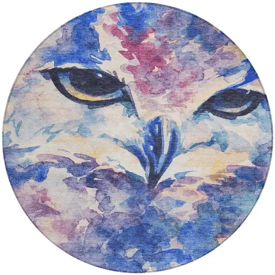 8' Blue Ivory And Mauve Round Owl Washable Indoor Outdoor Area Rug Photo 3