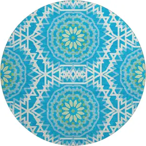 Photo of 8' Blue Ivory And Olive Green Geometric Washable Round Rug With UV Protection