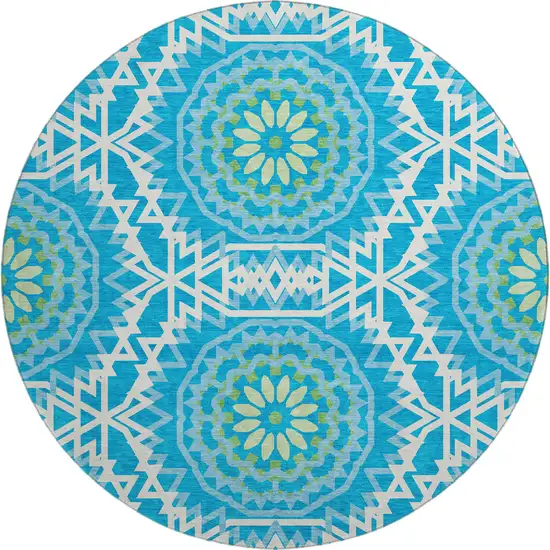 8' Blue Ivory And Olive Green Geometric Washable Round Rug With UV Protection Photo 1