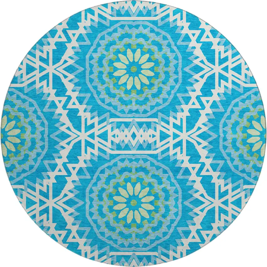8' Blue Ivory And Olive Green Geometric Washable Round Rug With UV Protection Photo 1