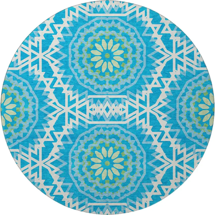 8' Blue Ivory And Olive Green Geometric Washable Round Rug With UV Protection Photo 3