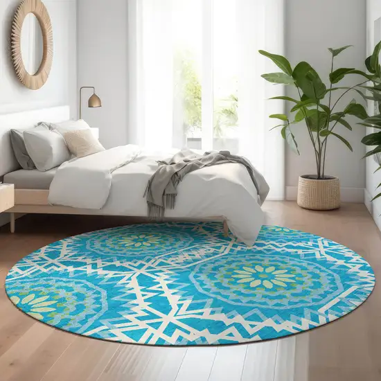8' Blue Ivory And Olive Green Geometric Washable Round Rug With UV Protection Photo 4