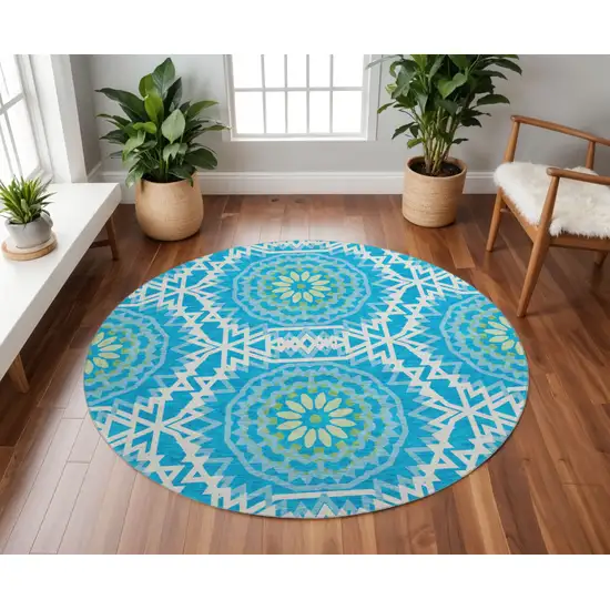 8' Blue Ivory And Olive Green Geometric Washable Round Rug With UV Protection Photo 2