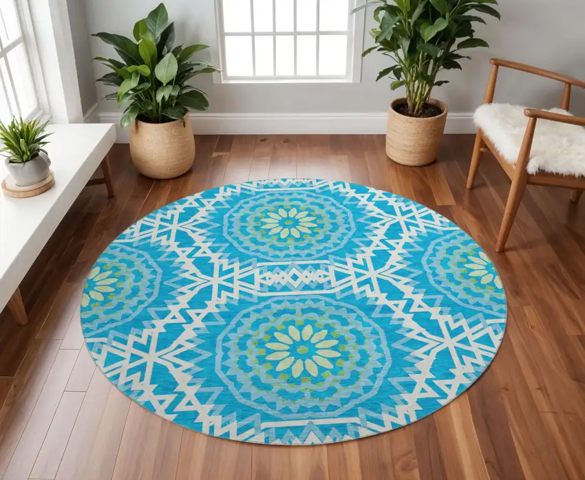 8' Blue Ivory And Olive Green Geometric Washable Round Rug With UV Protection Photo 2