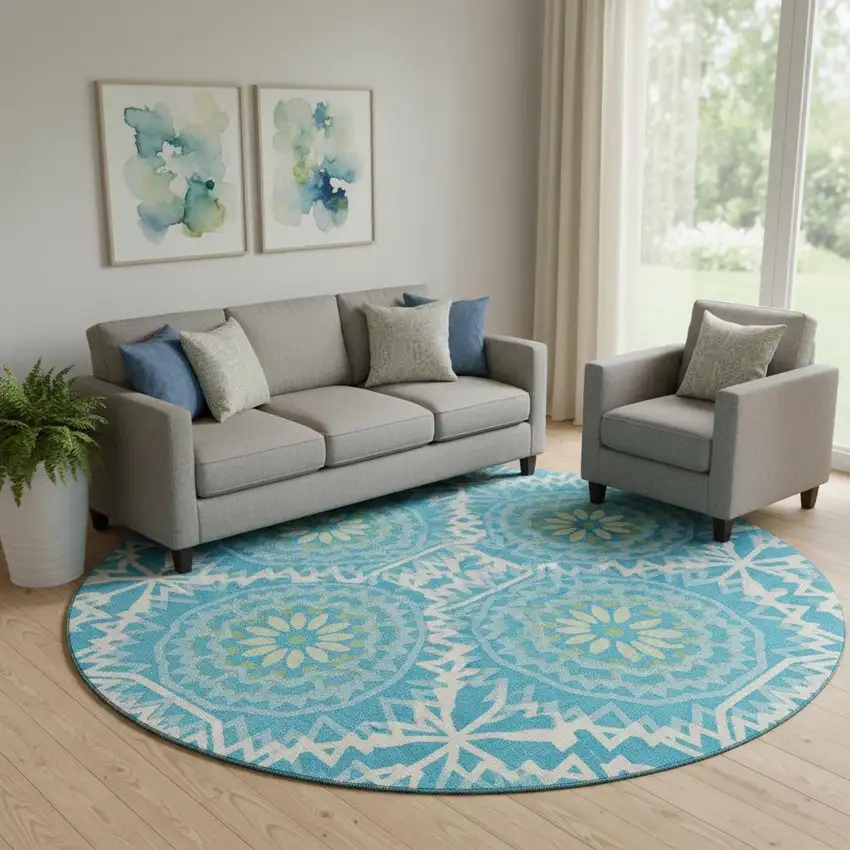 8' Blue Ivory And Olive Green Geometric Washable Round Rug With UV Protection Photo 1