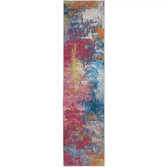8' Blue Ivory And Orange Abstract Distressed Runner Rug Photo 2