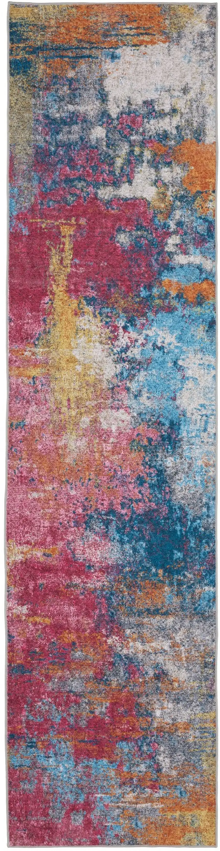 8' Blue Ivory And Orange Abstract Distressed Runner Rug Photo 2