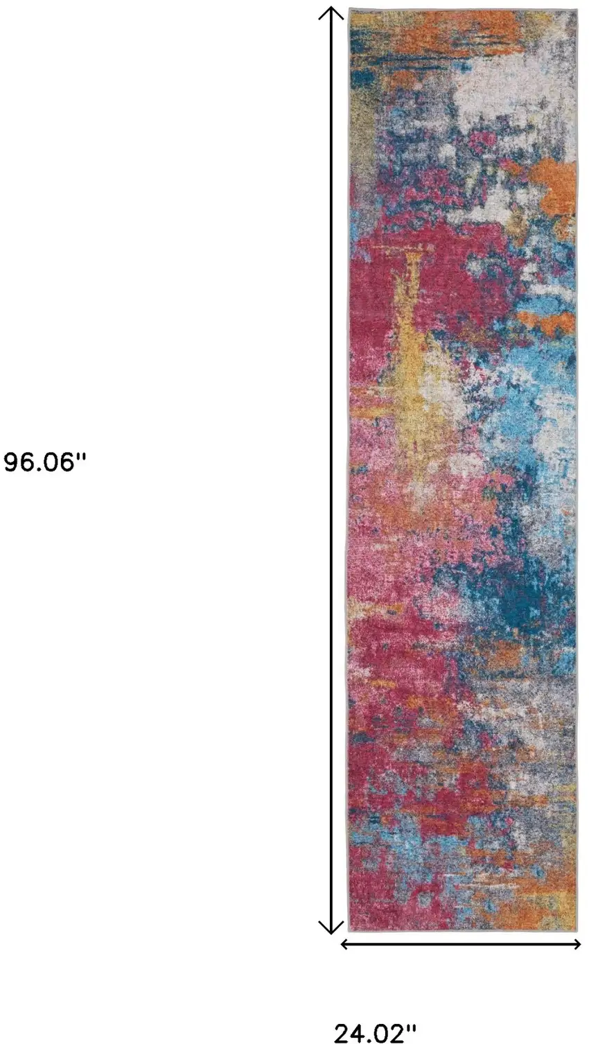 8' Blue Ivory And Orange Abstract Distressed Runner Rug Photo 3