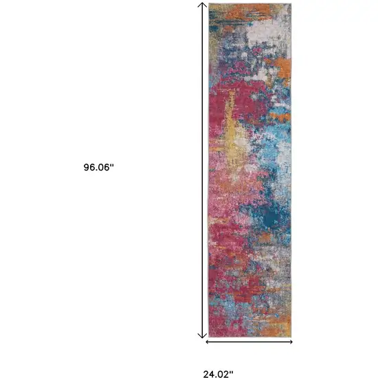 8' Blue Ivory And Orange Abstract Distressed Runner Rug Photo 3