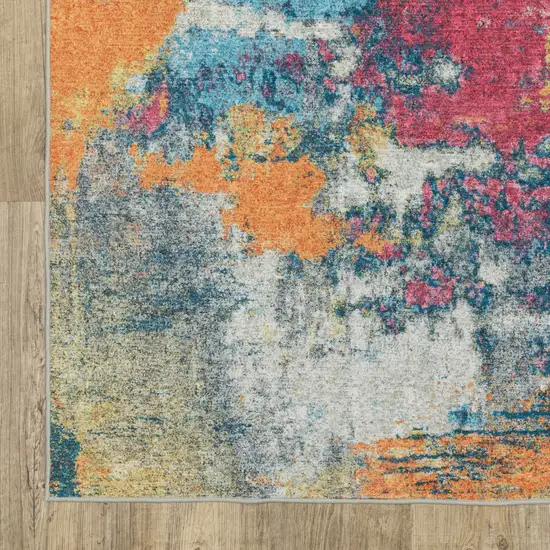 8' Blue Ivory And Orange Abstract Distressed Runner Rug Photo 8