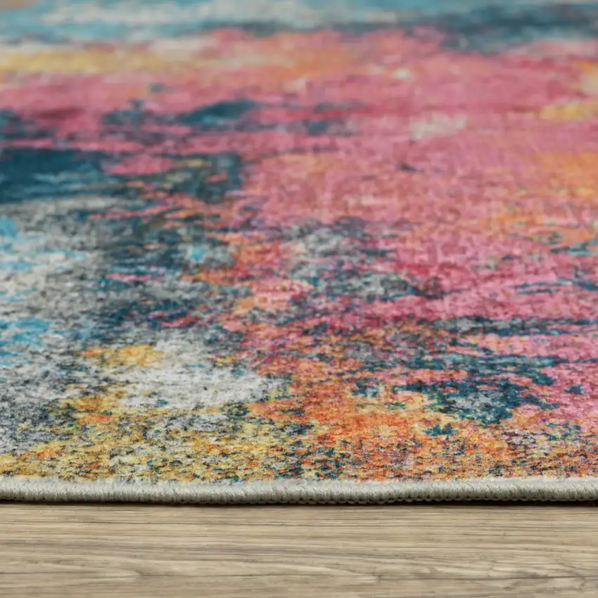 8' Blue Ivory And Orange Abstract Distressed Runner Rug Photo 5