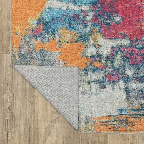 8' Blue Ivory And Orange Abstract Distressed Runner Rug Photo 9
