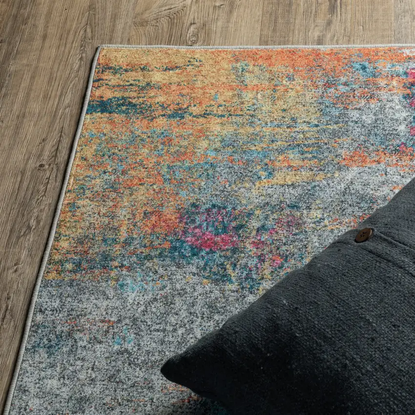 8' Blue Ivory And Orange Abstract Distressed Runner Rug Photo 6