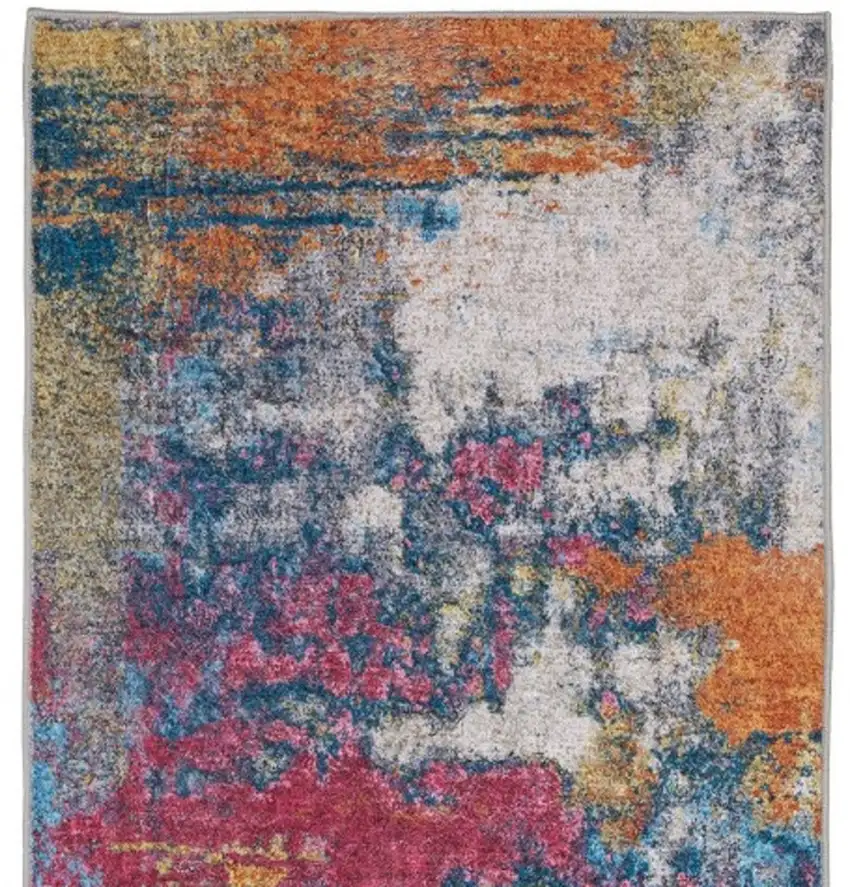 8' Blue Ivory And Orange Abstract Distressed Runner Rug Photo 4