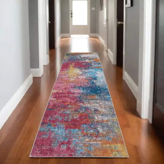 8' Blue Ivory And Orange Abstract Distressed Runner Rug Photo 1