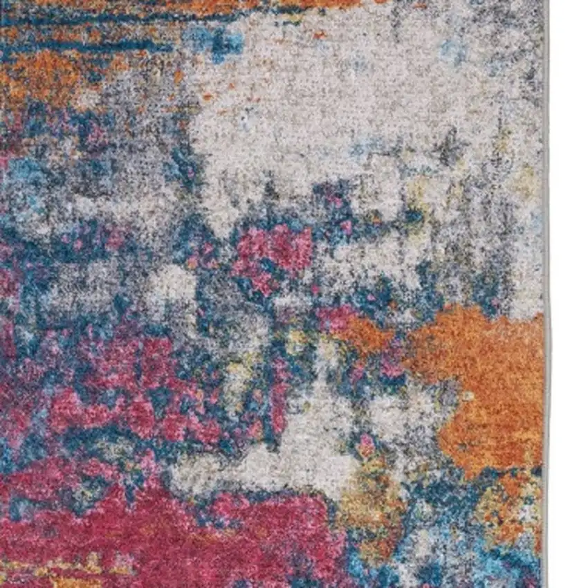 8' Blue Ivory And Orange Abstract Distressed Runner Rug Photo 5