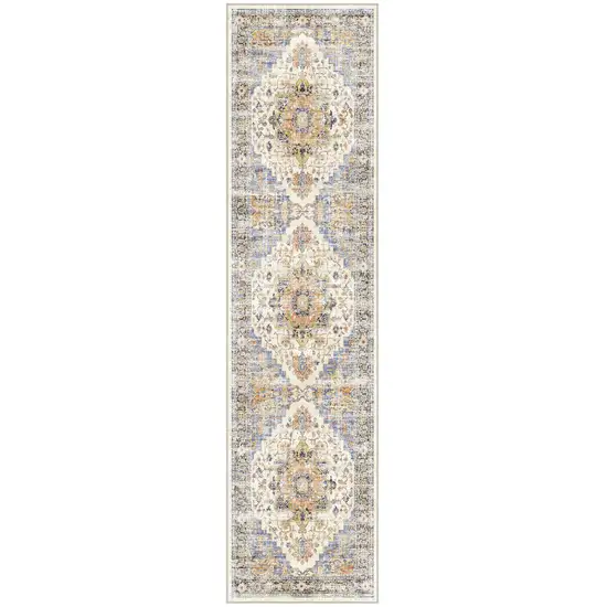 8' Blue Ivory And Orange Medallion Distressed Washable Runner Rug Photo 2