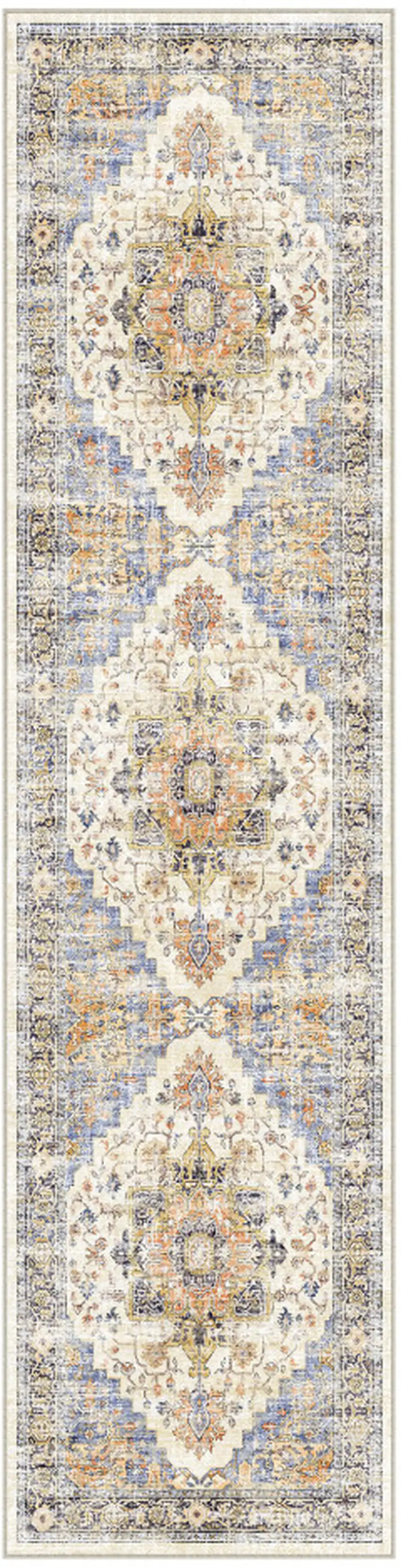8' Blue Ivory And Orange Medallion Distressed Washable Runner Rug Photo 2