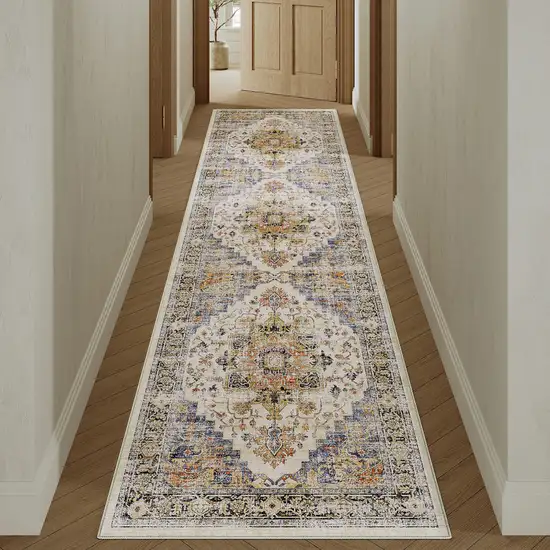 8' Blue Ivory And Orange Medallion Distressed Washable Runner Rug Photo 4