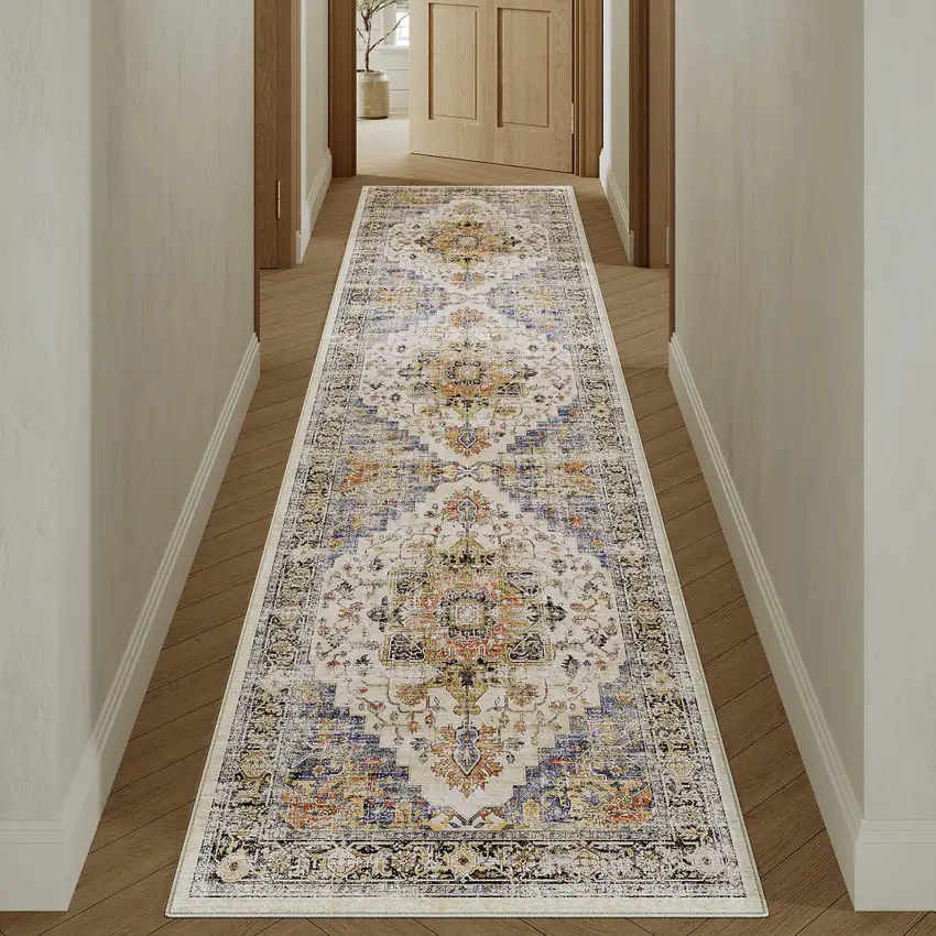 8' Blue Ivory And Orange Medallion Distressed Washable Runner Rug Photo 4