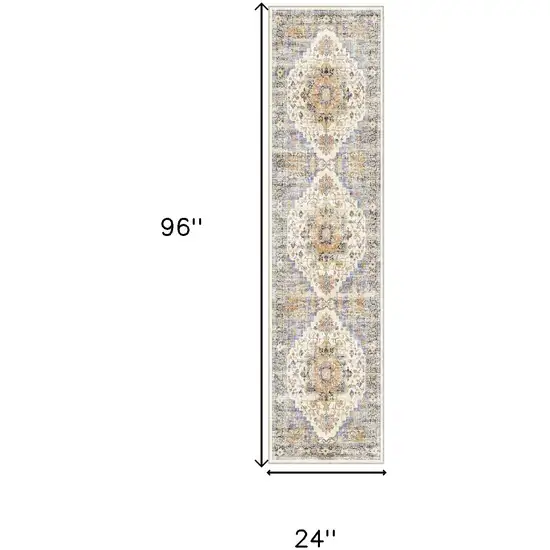 8' Blue Ivory And Orange Medallion Distressed Washable Runner Rug Photo 3