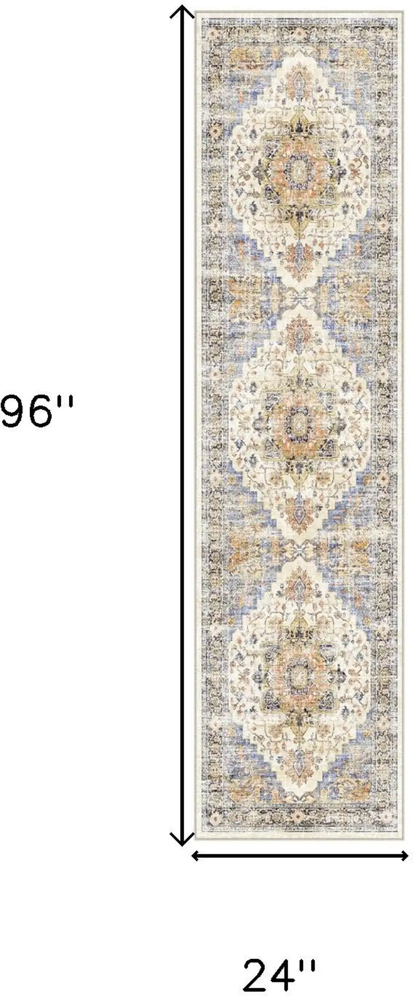 8' Blue Ivory And Orange Medallion Distressed Washable Runner Rug Photo 3