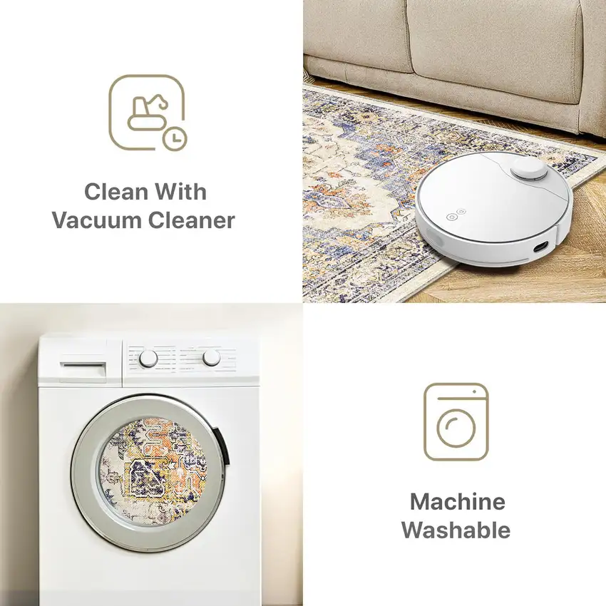 8' Blue Ivory And Orange Medallion Distressed Washable Runner Rug Photo 7