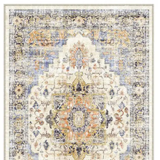8' Blue Ivory And Orange Medallion Distressed Washable Runner Rug Photo 4