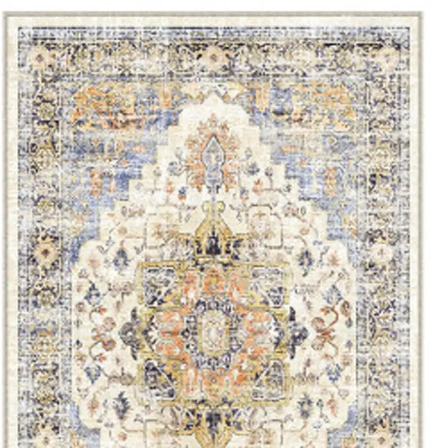 8' Blue Ivory And Orange Medallion Distressed Washable Runner Rug Photo 4