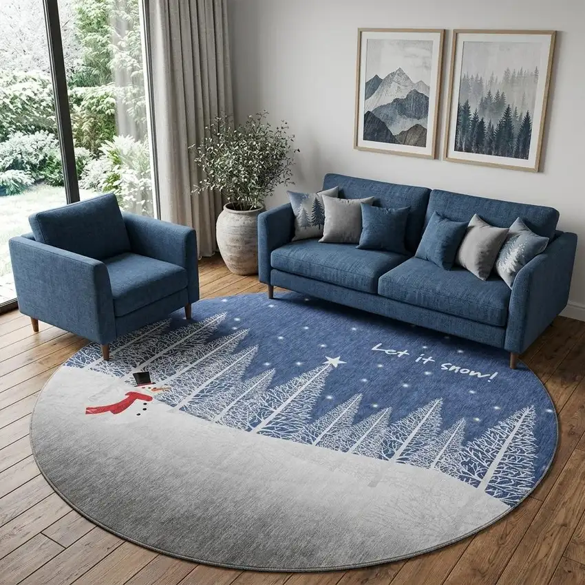 8' Blue And White Snowman Washable Round Rug With UV Protection Photo 1