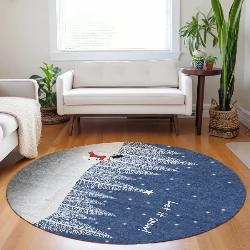 8' Blue Ivory And Red Botanical Leaves Washable Round Rug With UV Protection Photo 6