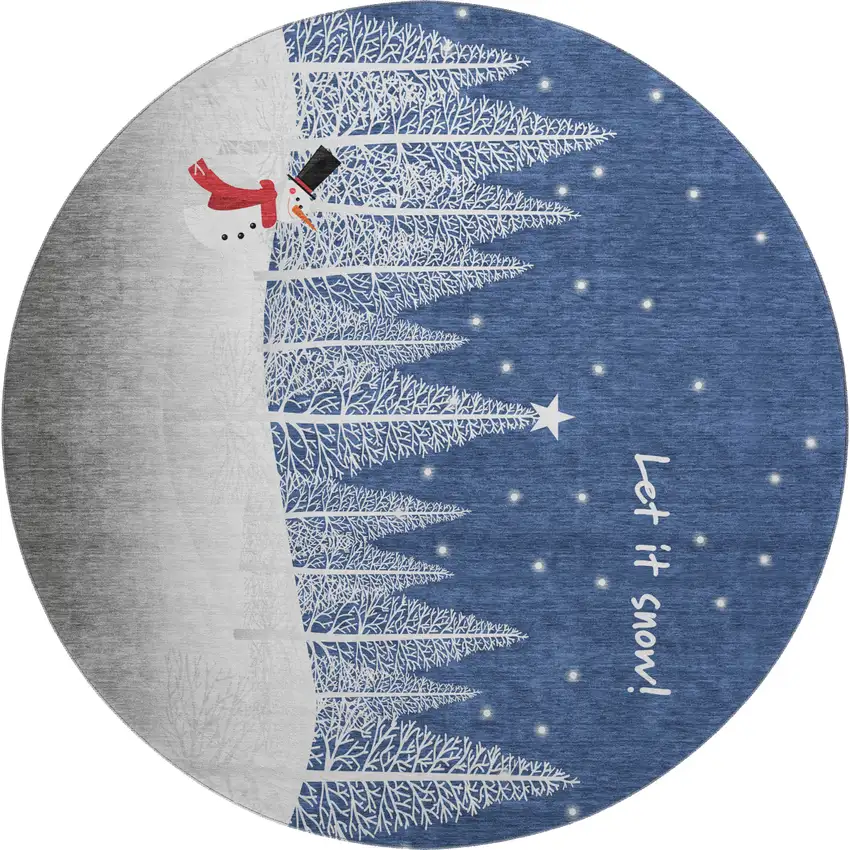 8' Blue Ivory And Red Botanical Leaves Washable Round Rug With UV Protection Photo 2