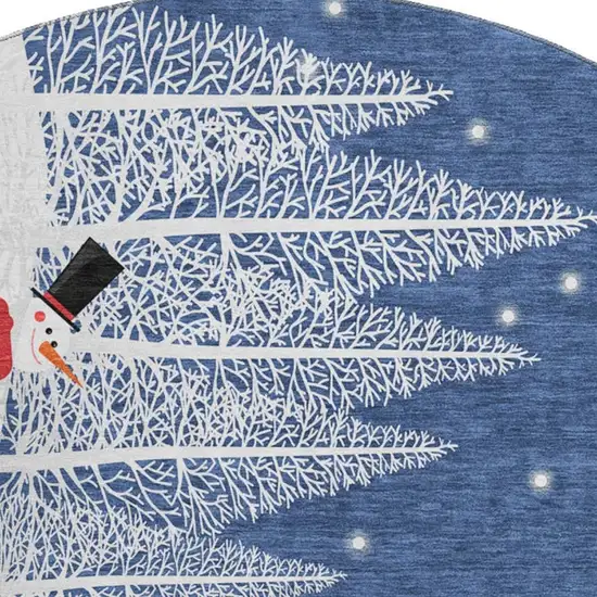 8' Blue Ivory And Red Botanical Leaves Washable Round Rug With UV Protection Photo 5