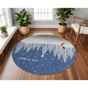 Photo of 8' Blue Ivory And Red Botanical Leaves Washable Round Rug With UV Protection