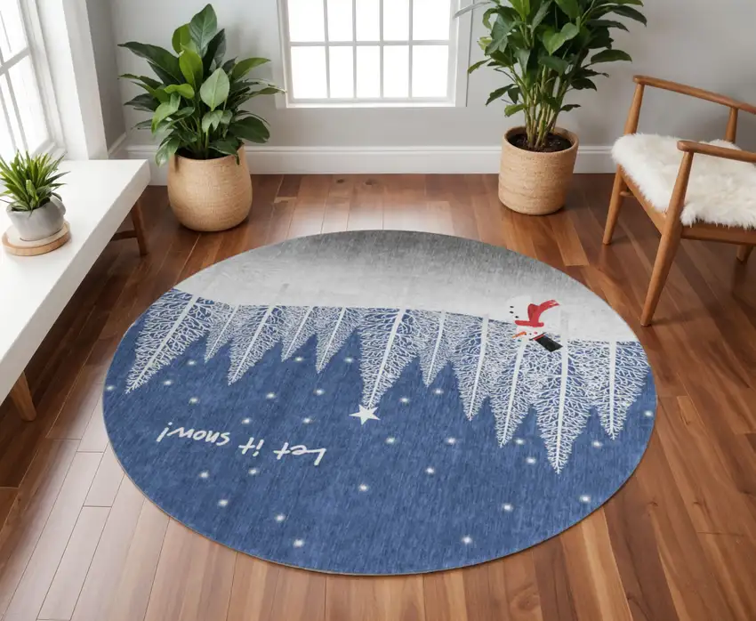 8' Blue Ivory And Red Botanical Leaves Washable Round Rug With UV Protection Photo 1