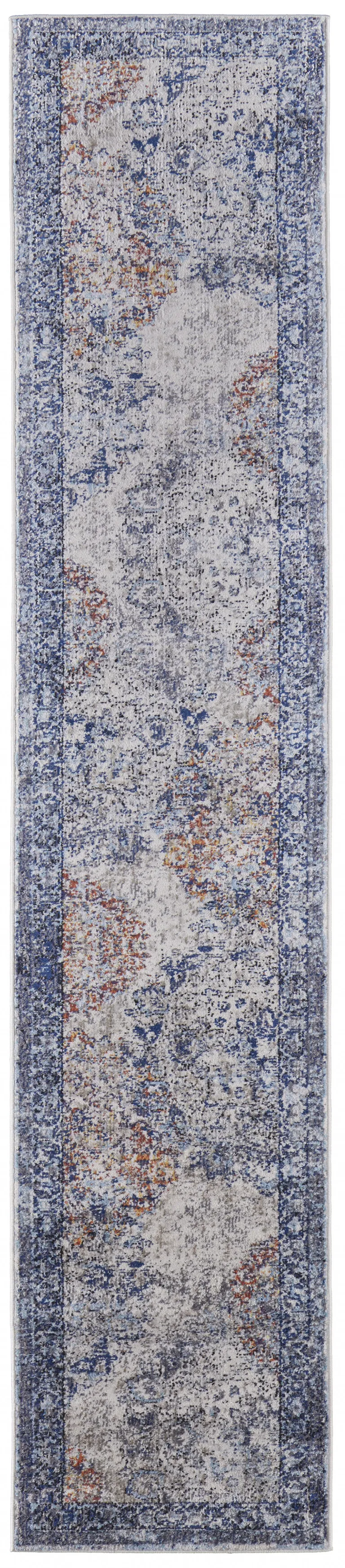 8' Blue Ivory And Red Floral Power Loom Distressed Stain Resistant Runner Rug Photo 1