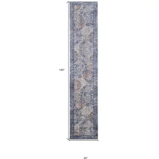 10' Blue Ivory And Red Floral Power Loom Distressed Stain Resistant Runner Rug Photo 7