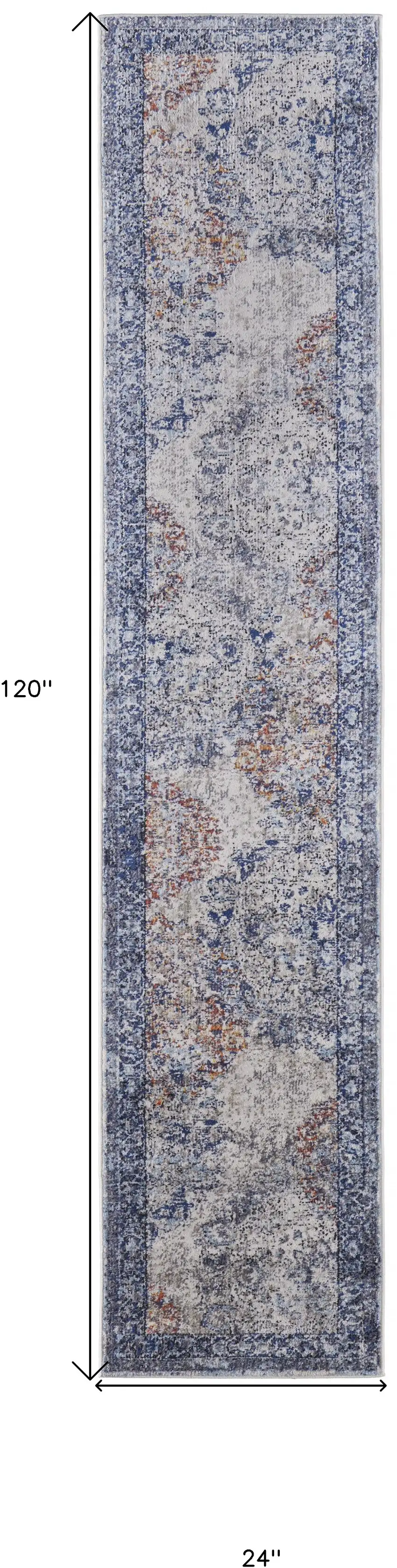 10' Blue Ivory And Red Floral Power Loom Distressed Stain Resistant Runner Rug Photo 7
