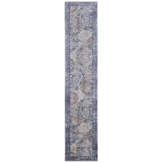 10' Blue Ivory And Red Floral Power Loom Distressed Stain Resistant Runner Rug Photo 1