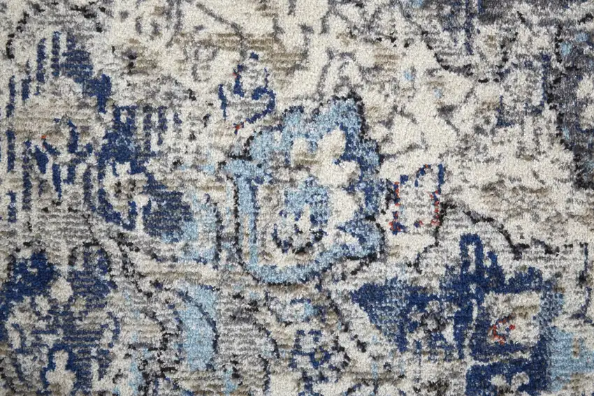 10' Blue Ivory And Red Floral Power Loom Distressed Stain Resistant Runner Rug Photo 6