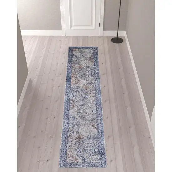10' Blue Ivory And Red Floral Power Loom Distressed Stain Resistant Runner Rug Photo 2